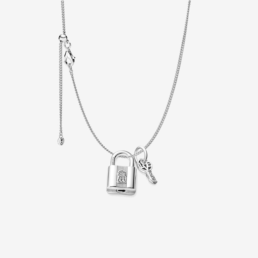 Silbernes Vorhängeschloss und Schlüssel-Halsketten-Set image number 0